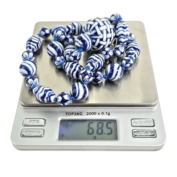 Blue Ceramic Porcelain Basket Weave Bead Necklace Earrings Set Coco 925 - Picture 9 of 9